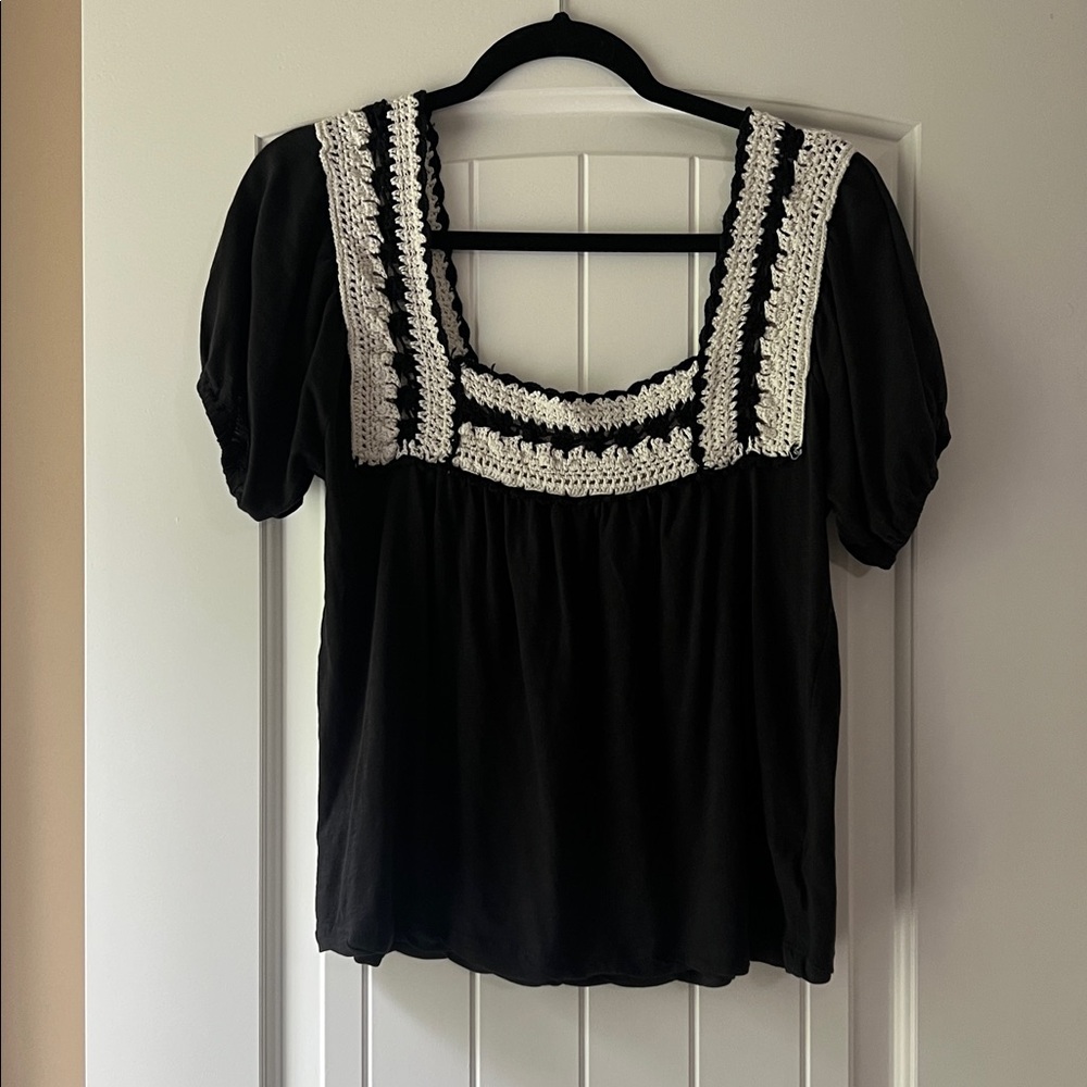 Lucky Brand Black and White Crochet Square Neck Top